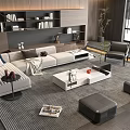 Modern Beige Sectional Sofa And White Coffee Table Set With Gray Rug And Black Ottomans