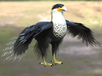 Black Feathered Falcon with White Spotted Chest Yellow Beak Claws and Spread Wings on Grassland 3d model