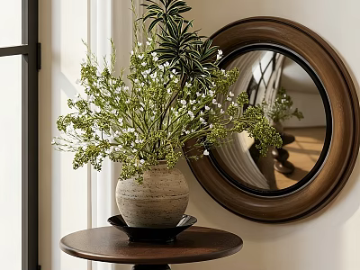 Natural Floral Arrangement In Rustic Vase On Wooden Table With Round Mirror 3d model