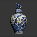 Blue and White Decorative Porcelain Vase With Dragon Lid And Tree Patterns