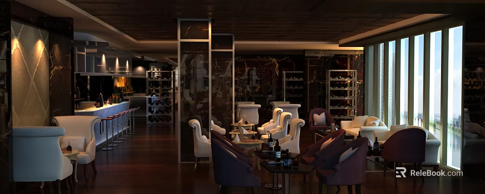 Elegant Bar Interior With Dark Wooden Ceiling Decorative Glass Partitions Wine Racks And Comfortable Chairs 3d model 