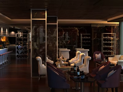 Elegant Bar Interior With Dark Wooden Ceiling Decorative Glass Partitions Wine Racks And Comfortable Chairs 3d model