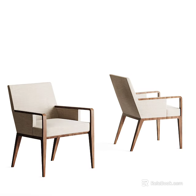 Modern Accent Chair With Wooden Frame And Light Colored Cushion Two Angles 3d model