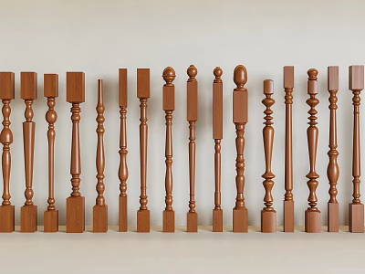 Various Wooden Balusters Featuring Different Decorative Designs For Home Staircase 3d model