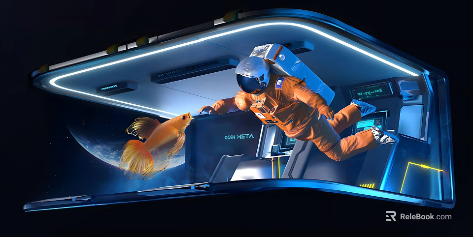 Window Display Featuring Astronaut In Orange Spacesuit Goldfish Earth Background And Futuristic Tech 3d model 