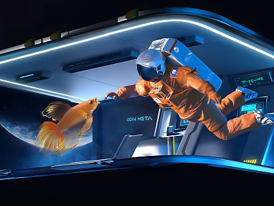 Window Display Featuring Astronaut In Orange Spacesuit Goldfish Earth Background And Futuristic Tech 3d model