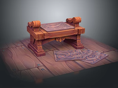 Antique Style Carved Wooden Table With Ornate Legs And Patterned Carpets On Floor 3d model