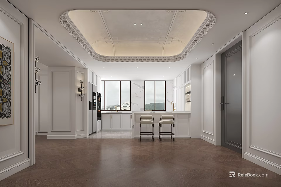 Elegant Modern Kitchen Interior With White Cabinets Decorative Ceiling And Island Bar Stools 3d model 