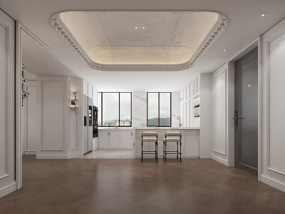 Elegant Modern Kitchen Interior With White Cabinets Decorative Ceiling And Island Bar Stools 3d model