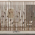 Wooden Branch Design Room Divider With Vertical Slats For Modern Dining Interior