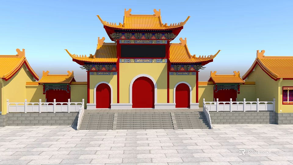 Ancient Chinese Architectural Structure With Yellow Roofs Red Doors Ornate Eaves And Stone Steps 3d model 