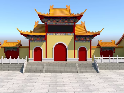 Ancient Chinese Architectural Structure With Yellow Roofs Red Doors Ornate Eaves And Stone Steps 3d model