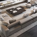 Modern Light Beige Sofa And Dark Wooden Coffee Table Set With Magazines And Armchairs
