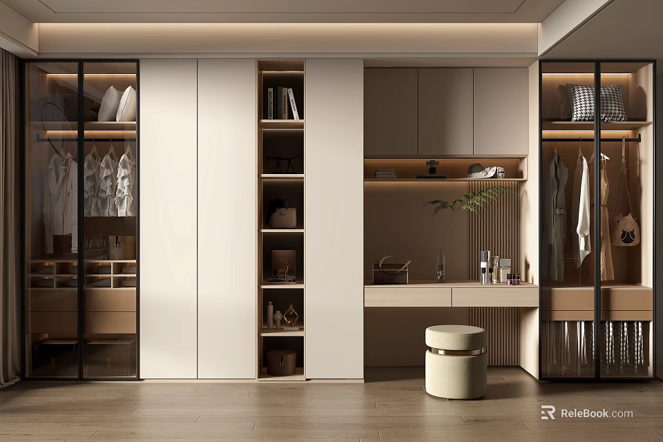 Modern Walk in Closet Interior Design With Glass Door Cabinets Open Shelves And Dressing Table 3d model 