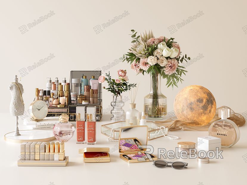 Cosmetic makeup mirror toiletries beauty lipstick perfume floral ornaments dressing table ornaments moon lamp model