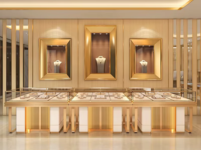 Elegant Jewelry Store Interior With Glass Display Cases And Gold Framed Wall Displays 3d model