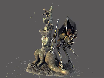 Detailed Fantasy Character And Mythical Creature Sculpture With Mechanical Wings And Rock Base 3d model