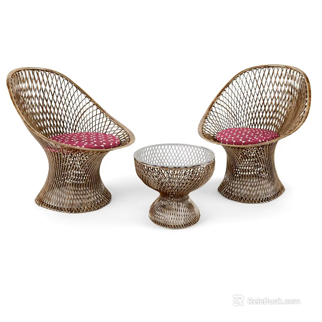 Woven Rattan Outdoor Table with Two Chairs and Red Cushions Patio Furniture Set 3d model 