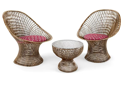 Woven Rattan Outdoor Table with Two Chairs and Red Cushions Patio Furniture Set 3d model