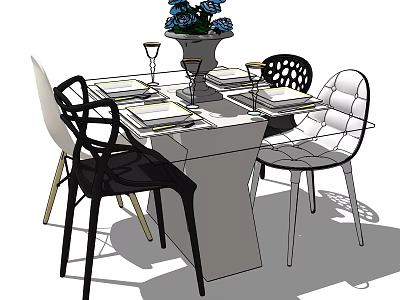Modern Dining Table Set with White Table Various Chairs Tableware and Blue Flowers 3d model