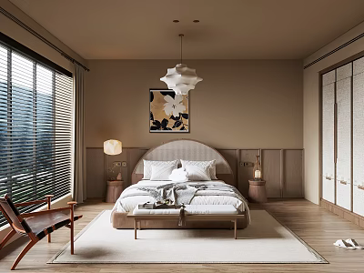Modern Bedroom Interior With Wooden Headboard Wall Art Large Windows Area Rug And Pendant Light 3d model