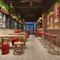Elegant Restaurant Interior With Wooden Tables Red Stools And Green Plant Decorations