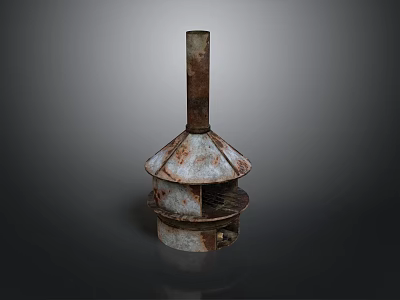 Old Rusted Metal Equipment with Long Vertical Pipe and Multi Layered Conical Structure 3d model