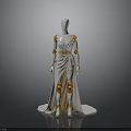Character Wearing White Long Dress With Golden Shoulder Arm Leg Armor on Mannequin