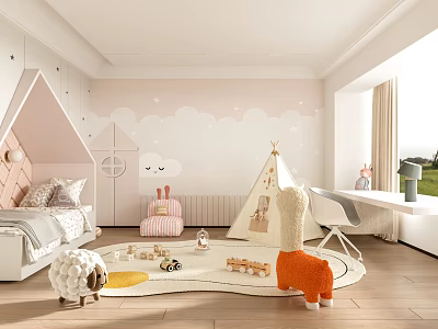 Bright Kids Room Interior With Pink Cloud Star Wallpaper Tent Bed And Stuffed Toys 3d model