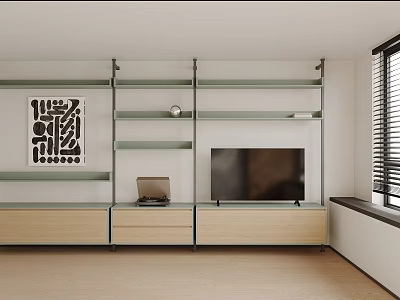 Modern Minimalist TV Stand With Open Wooden Shelves TV Laptop And Decor Items 3d model