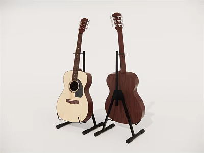 Two Acoustic Guitars With White And Brown Bodies On Black Stands Against White Background 3d model