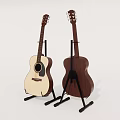 Two Acoustic Guitars With White And Brown Bodies On Black Stands Against White Background