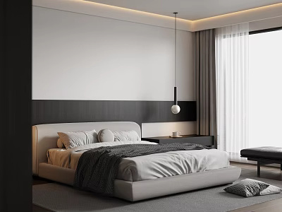 Modern Minimalist Bedroom Interior Featuring Large Bed Accent Wall Pendant Light Curtains And Nightstand 3d model