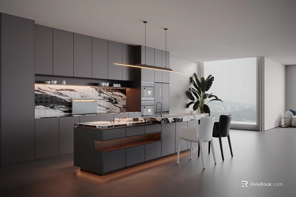 Modern Kitchen Interior Design With Gray Cabinets Island Marble Backsplash And Pendant Lights 3d model 