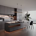 Modern Kitchen Interior Design With Gray Cabinets Island Marble Backsplash And Pendant Lights