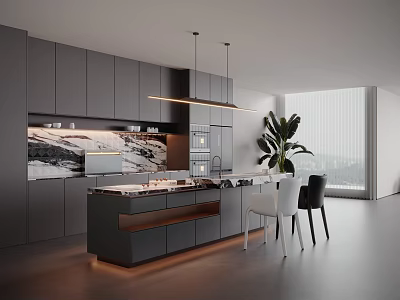 Modern Kitchen Interior Design With Gray Cabinets Island Marble Backsplash And Pendant Lights 3d model