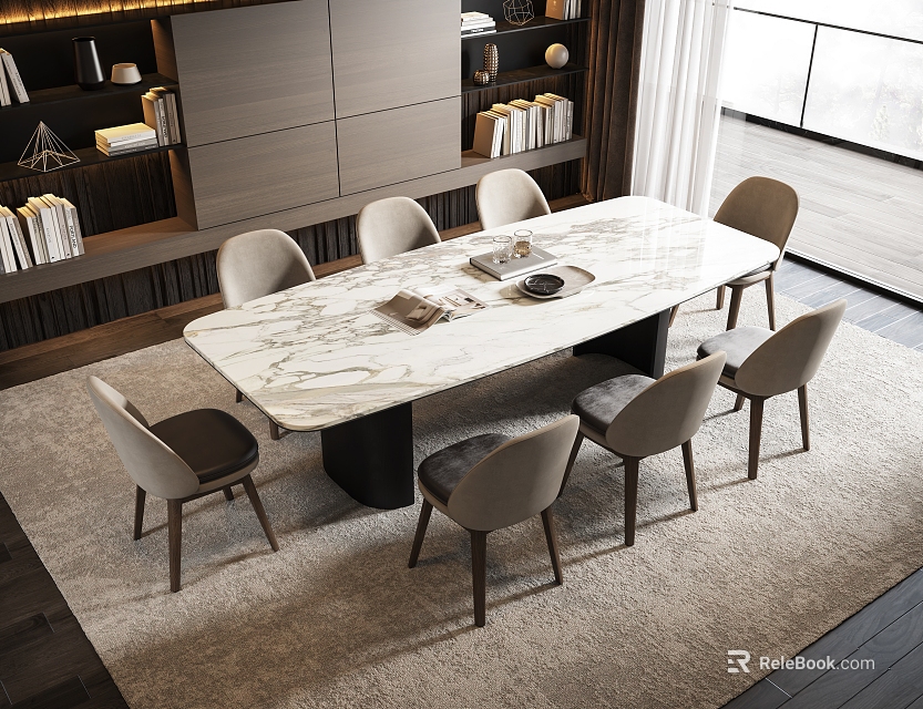 Elegant Dining Table Set With Marble Top And Six Upholstered Chairs Near Bookshelves And Rug 3d model 