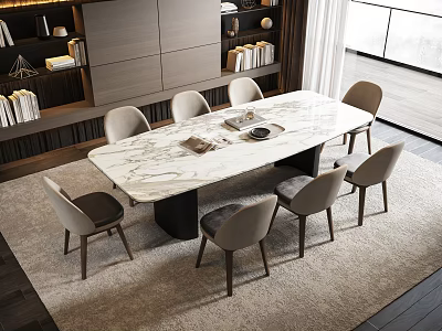 Elegant Dining Table Set With Marble Top And Six Upholstered Chairs Near Bookshelves And Rug 3d model