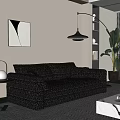 Black Leather Two Seater Sofa in Modern Interior with Abstract Painting Pendant Lamp and Bookshelf