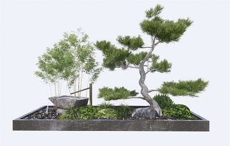 New Chinese style landscape sketch courtyard sketch withered mountain stone Zen pine tree flowing water sketch 3d model