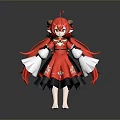 Anime Style Game Movie Character With Red Long Hair Horns Red Dress White Sleeves Black Skirt