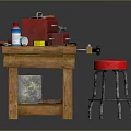 Wooden Workbench With Red Toolbox Hammer Screwdriver Orange Tool Blue Bottle And Metal Bucket
