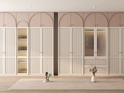 Elegant Modern Wardrobe With Double Glass Doors Gold Handles And Open Shelves 3d model