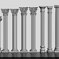 Collection of Various Classical Roman Columns with Decorative Capitals and White Finish
