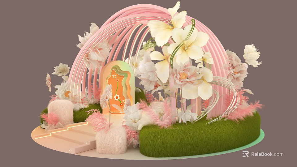 Floral Installation Design With Pink Arch White Pink Flowers Green Grass Decorative Steps And Silhouette Figure 3d model 