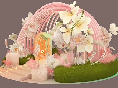 Floral Installation Design With Pink Arch White Pink Flowers Green Grass Decorative Steps And Silhouette Figure 3d model