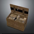 Open Wooden Storage Crate Filled With Stacked Small Cardboard Boxes