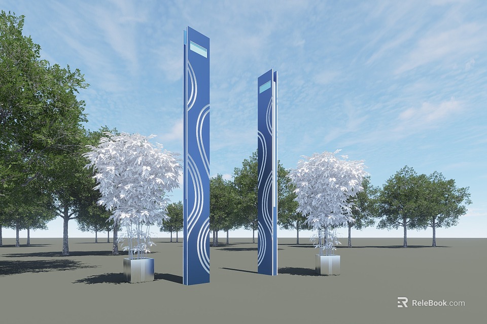 Blue Outdoor Lights With White Wave Design Surrounded by Trees in Landscape 3d model 