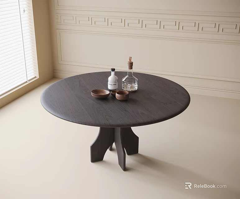 Round Dark Dining Table with Three Legged Base Featuring Small Copper Bowls White Glass Bottles 3d model