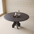 Round Dark Dining Table with Three Legged Base Featuring Small Copper Bowls White Glass Bottles 3d model